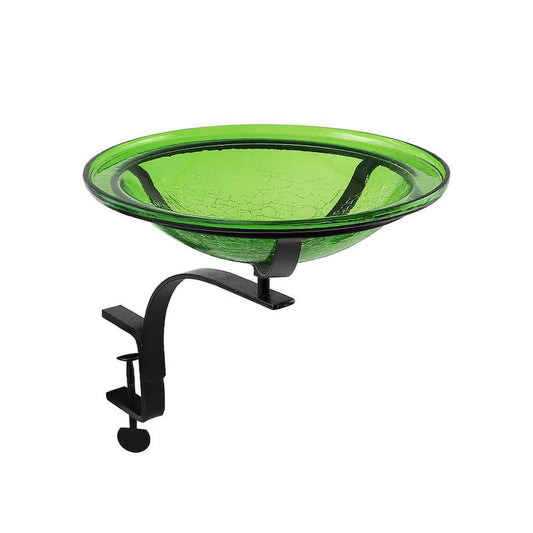 12.5 in. Dia Fern Green Reflective Crackle Glass Birdbath Bowl with Rail Mount Bracket