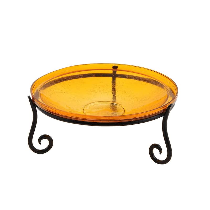 14 in. Dia Mandarin Orange Reflective Crackle Glass Birdbath Bowl with Short Stand II