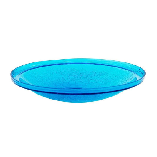 14 in. Dia Teal Blue Reflective Crackle Glass Birdbath Bowl