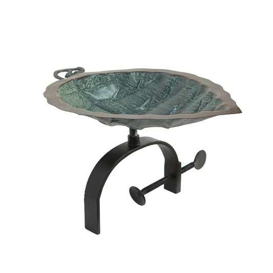 17 in. Tall Antique Brass Plated Aspen Leaf Birdbath with Over Rail Bracket