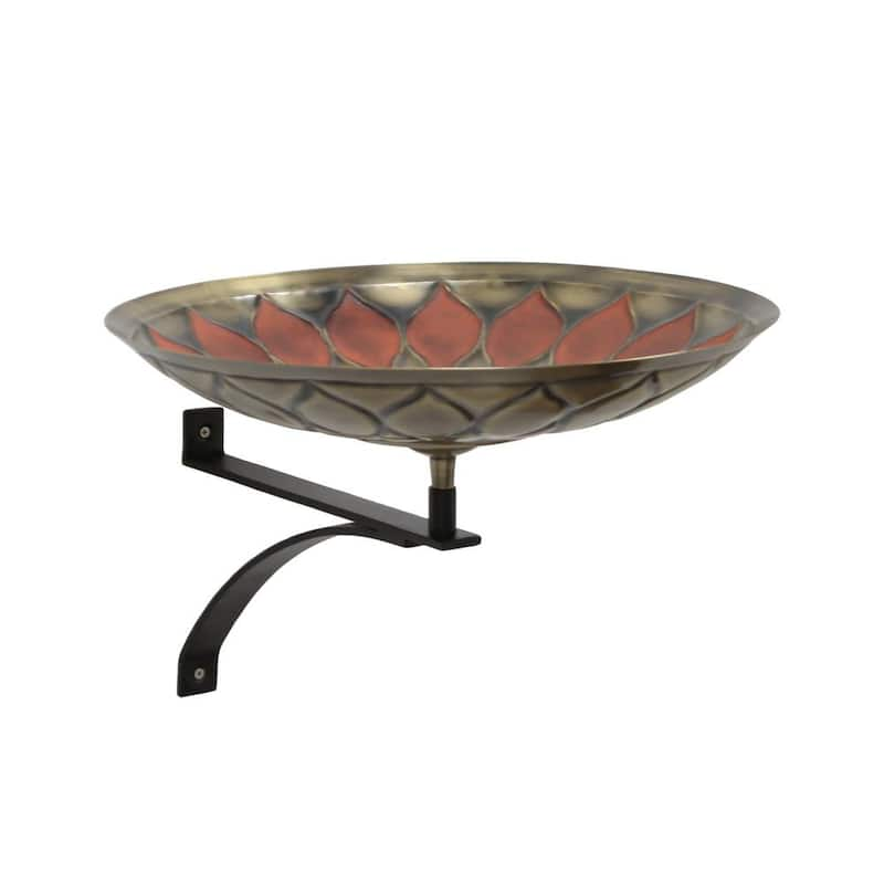 16 in. Dia. Round Antique Red Brass African Sunflower Birdbath with Black Wrought Iron Wall Mount Bracket