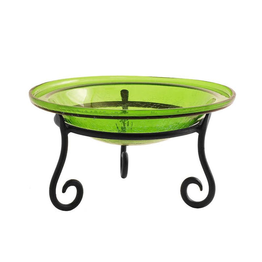 12.5 in. Dia Fern Green Reflective Crackle Glass Birdbath Bowl with Short Stand