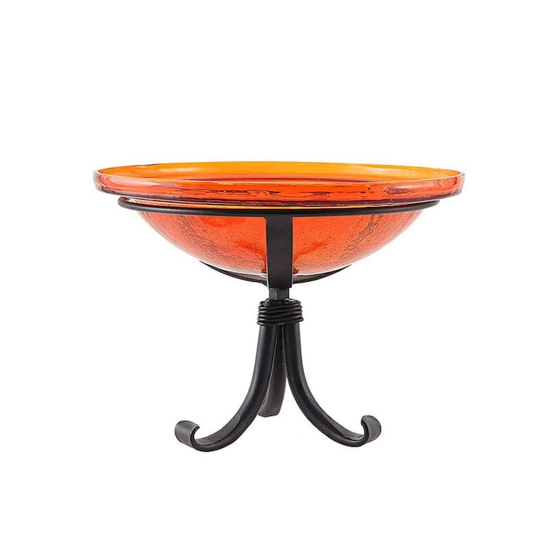 12.5 in. Dia Mandarin Orange Reflective Crackle Glass Birdbath Bowl with Tripod Stand