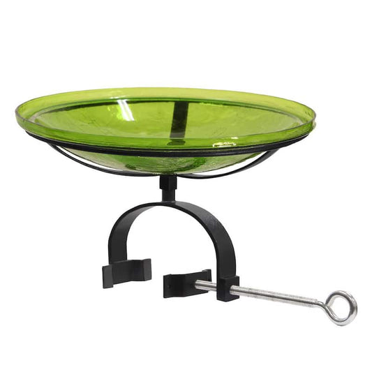 14 in. Dia Round Fern Green Crackle Glass Birdbath with Black Wrought Iron Over Rail Bracket