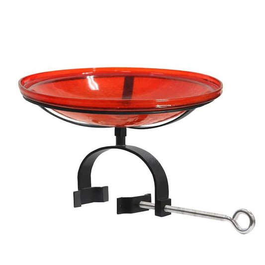 14 in. Dia Round Tomato Red Crackle Glass Birdbath with Black Wrought Iron Over Rail Bracket