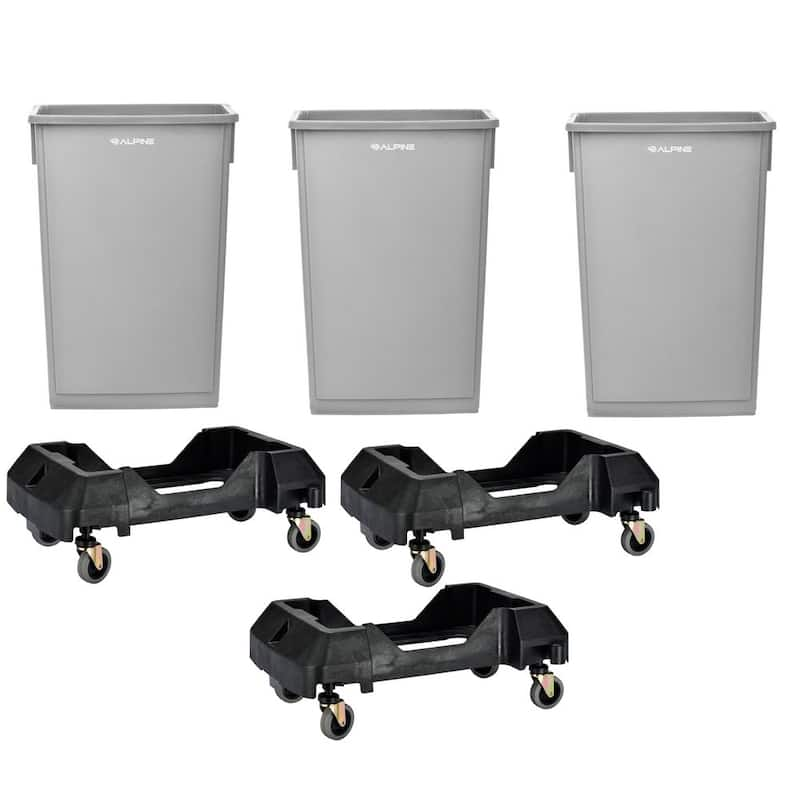 23 Gal. Gray Waste Basket Commercial Trash Can and Dolly (3-Pack)