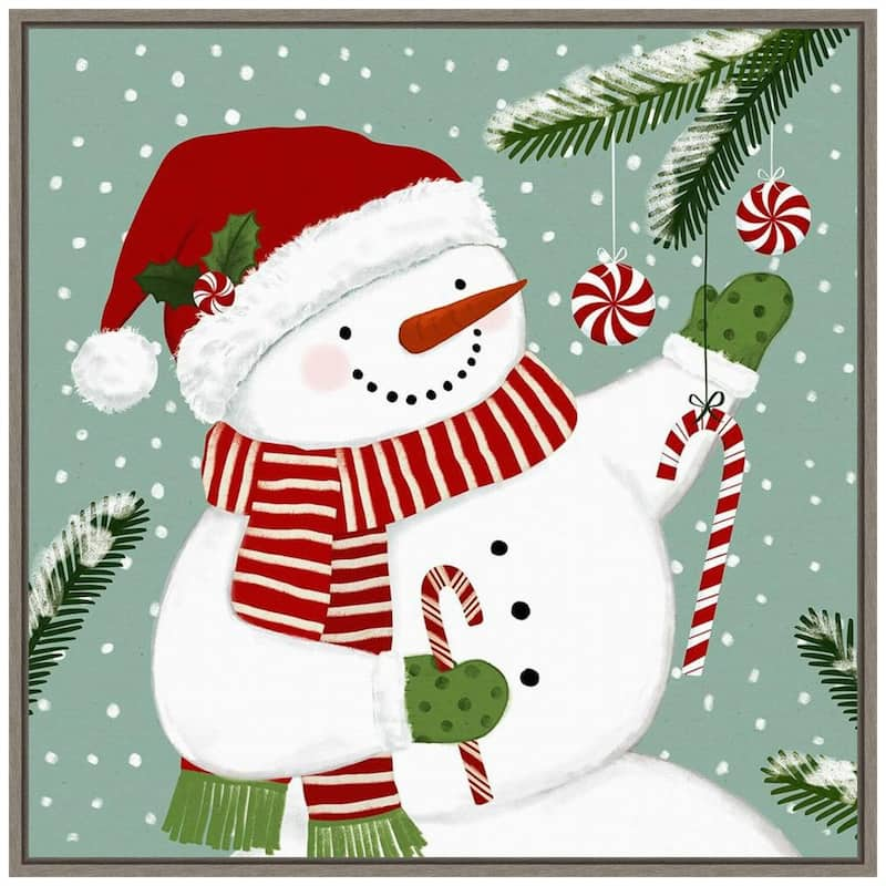 22 in. Peppermint Snowman I Christmas Holiday Framed Canvas Box Wall Art