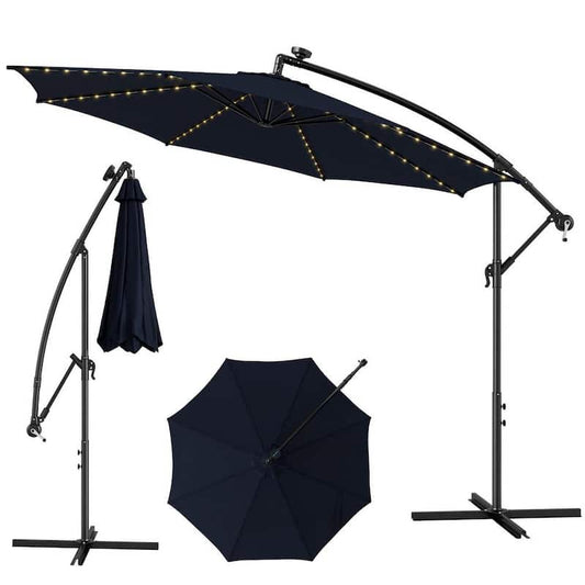 10 ft. Iron Cantilever Solar Tilt Patio Umbrella in Blue