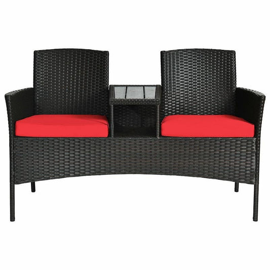 1-Piece Wicker Patio Conversation Set with Red Cushions