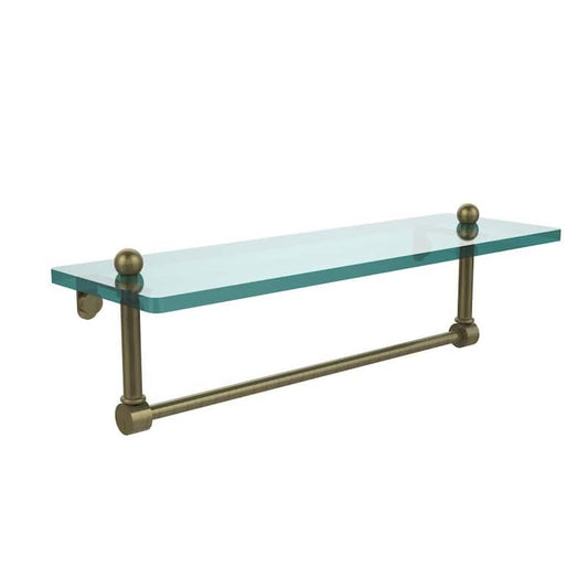 16 in. L x 5 in. H x 5 in. W Clear Glass Vanity Bathroom Shelf with Integrated Towel Bar in Antique Brass