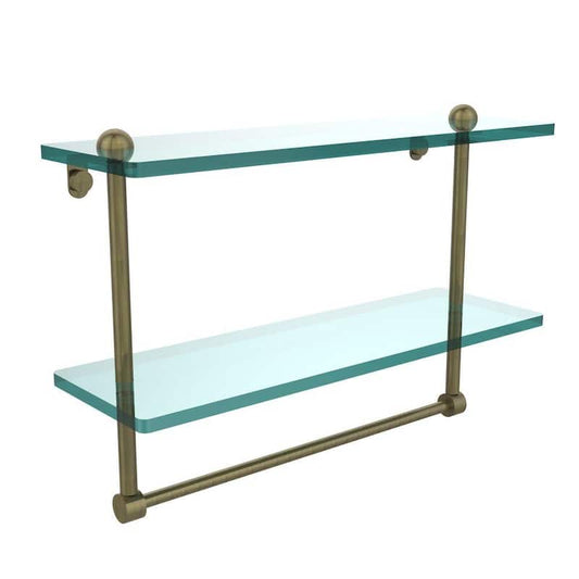 16 in. L x 12 in. H x 5 in. W 2-Tier Clear Glass Bathroom Shelf with Towel Bar in Antique Brass