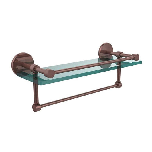 16 in. L x 5 in. H x 5 in. W Clear Glass Bathroom Shelf with Towel Bar in Antique Copper