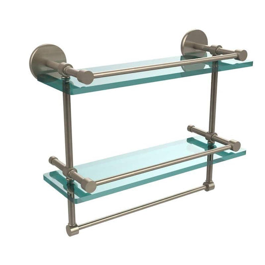 16 in. L x 12 in. H x 5 in. W 2-Tier Gallery Clear Glass Bathroom Shelf with Towel Bar in Antique Pewter