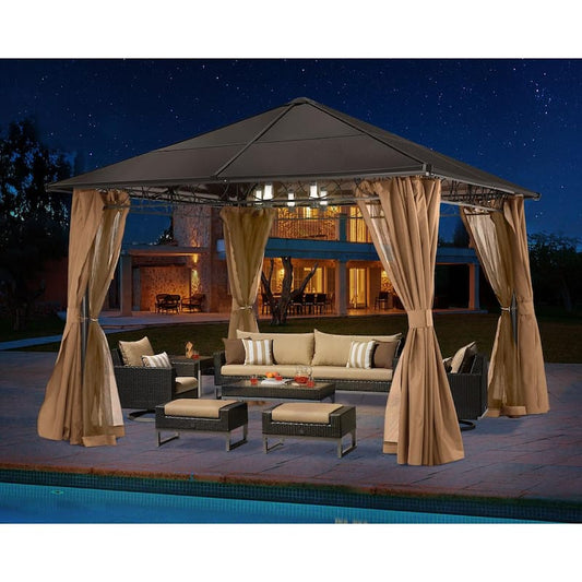 10 ft. x 10 ft. Outdoor Aluminum Patio Gazebo Polycarbonate Hardtop with Mosquito Netting and Privacy Curtain