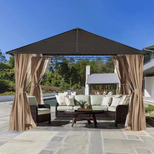 10 ft. x 12 ft. Outdoor Aluminum Patio Gazebo Polycarbonate Hardtop with Mosquito Netting and Privacy Curtain