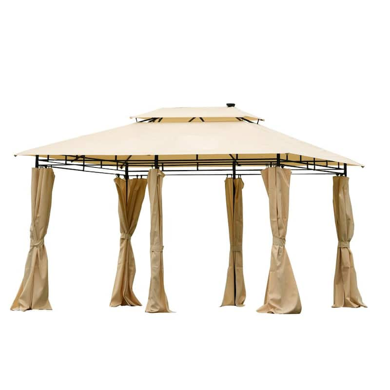 10 ft. x 13 ft. Beige 2-Tier Steel Outdoor Garden Gazebo with Vented Soft Top Canopy and Removable Curtains