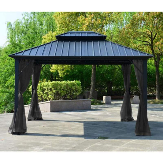 10 ft. x 12.25 ft. Black Double Roof Aluminum Gazebo with Mosquito Net