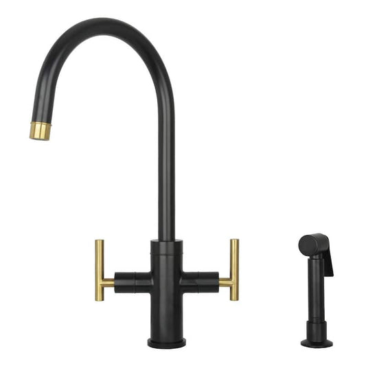 2-Handles Standard Kitchen Faucet with Side Spray in Black and Gold