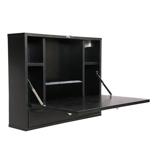 23.5 in. Black Wall Mounted Floating Laptop Desk, Wooden Drop-Leaf Table with Storage Drawer and Shelves