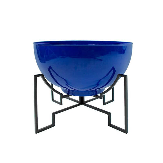 20 in. Dia Round French Blue Galvanized Steel Planter Bowl with Black Wrought Iron Plant Stand