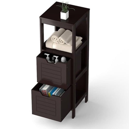 12 in. W x 12 in. D x 35 in. H Brown Bathroom Wooden Floor Linen Cabinet with 2-Drawers