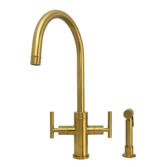 2-Handles Standard Kitchen Faucet with Side Spray in Brushed Gold