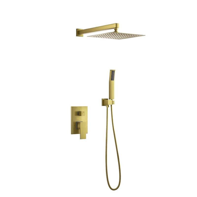 1-Spray Patterns with 2.5 GPM 10 in. Wall Mount Rain Dual Shower Heads in Brushed Gold, Shower System/Faucet Set