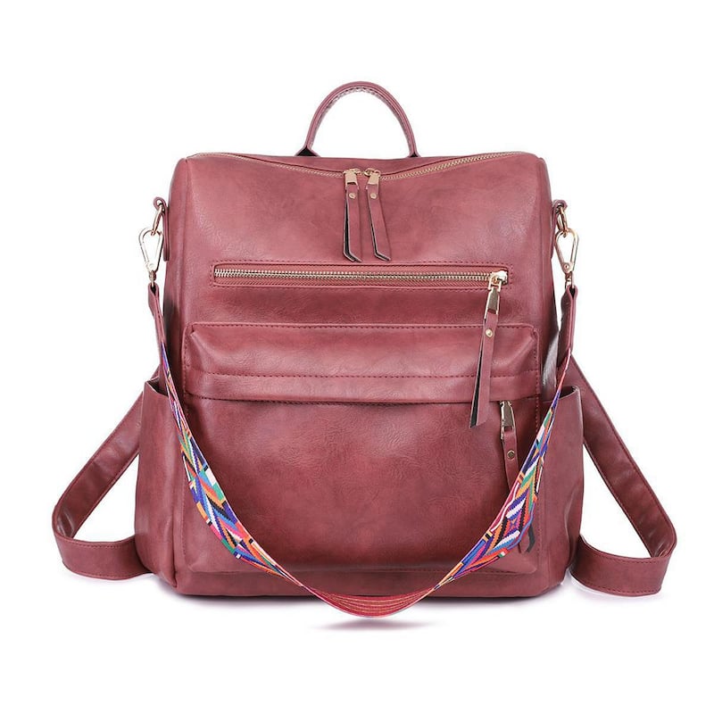 13.38 in. H PU Leather Burgundy Bag Backpack with Side Pockets, Back Zip Pocket, Front Zip Pocket