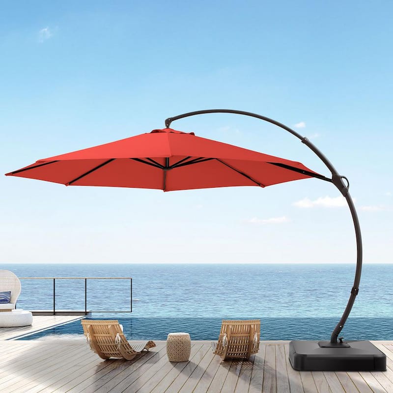 11 ft. Deluxe Patio Umbrella with Base, Outdoor Large Hanging Cantilever Curvy Umbrella in Red with 360-Degree Rotation