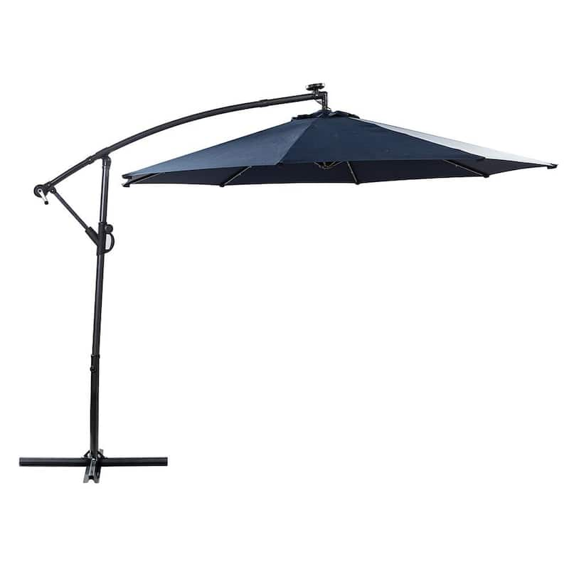 10 ft. Cantilever Solar Powered Cantilever Umbrella with Crank Lift and Cross Base in Navy