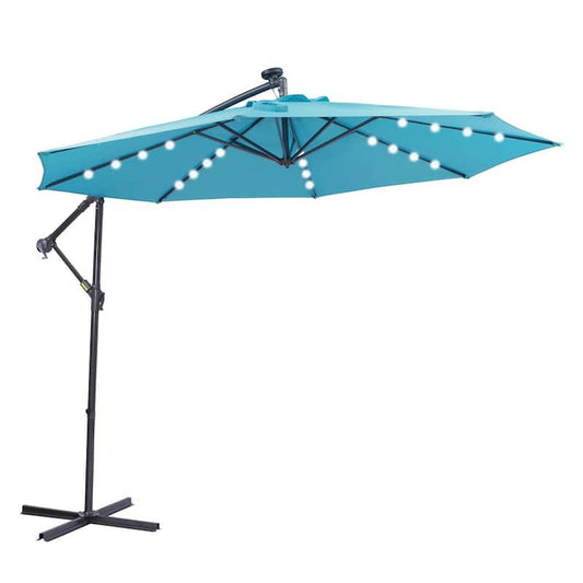 10 ft. Metal Pole Cantilever Solar Patio Umbrella with 32 LED Lights in Blue