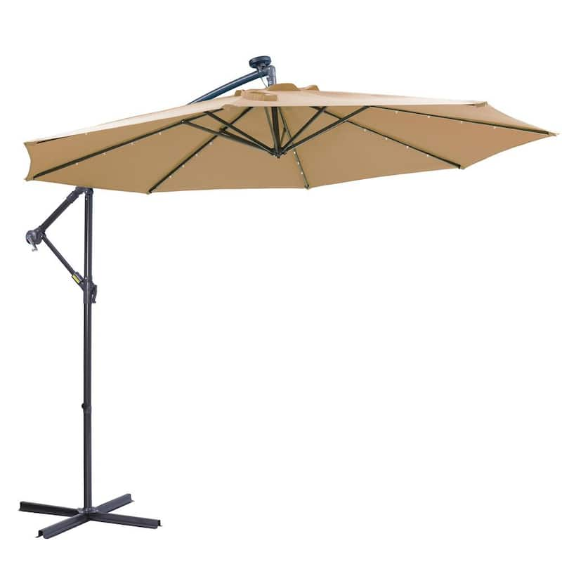 10 ft. Metal Pole Cantilever Solar Patio Umbrella with 32 LED Lights in Light Brown