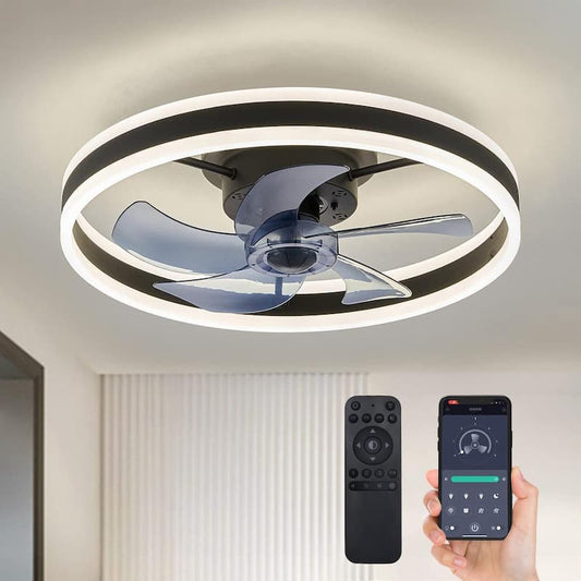 20 in. Black Low Profile Flush Mount LED with Remote and APP Smart Control Indoor Ceiling Fan with Dimmable Lighting