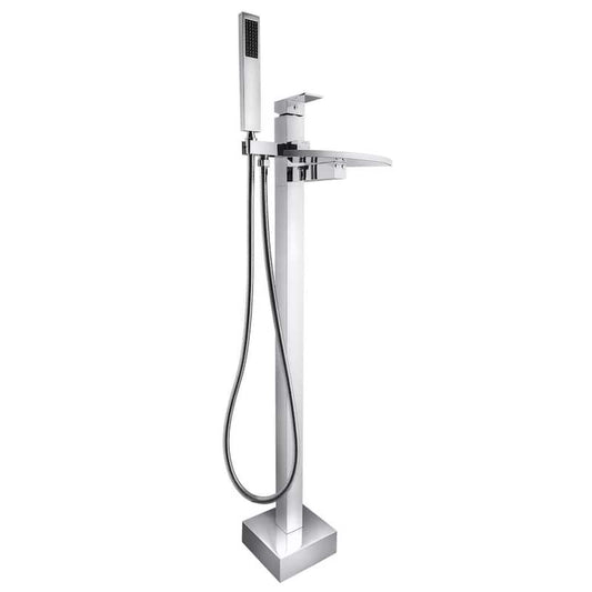 1-Handle Freestanding Floor Mount Roman Tub Faucet Bathtub Filler with Waterfall Style and Hand Shower in Chrome