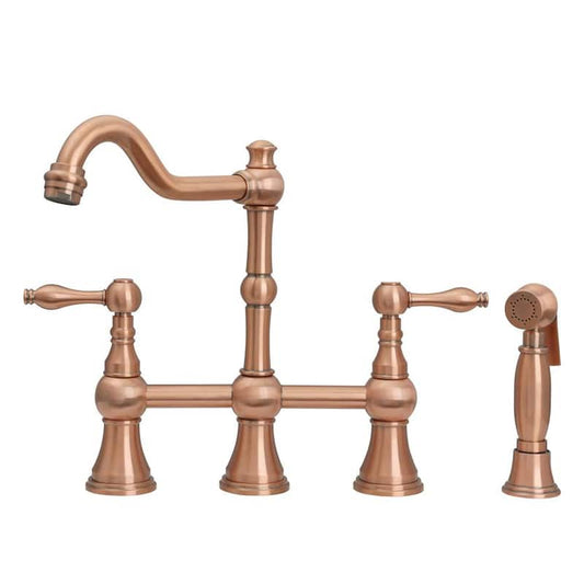 2-Handles Bridge Kitchen Faucet with Side Spray in Copper