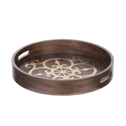 18 in. Raj Brass Inlaid Dark Brown Tray