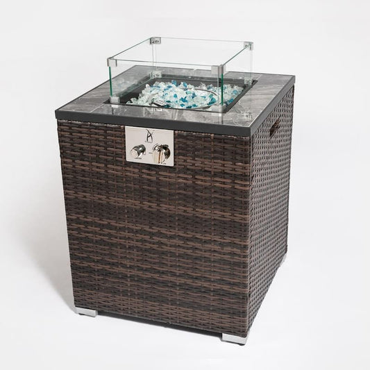 23.60 in. W x 28.70 in. H Dark Brown Outdoor 50000 BTU Square PE Wicker Propane Fire Pit Table with Glass Windshield