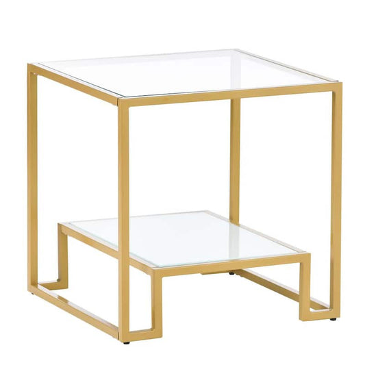 22 in. Minimalist Square Glass End Table, Metal with Stained White Tempered Glass, 2-Tier Sofa Side Table, Gold