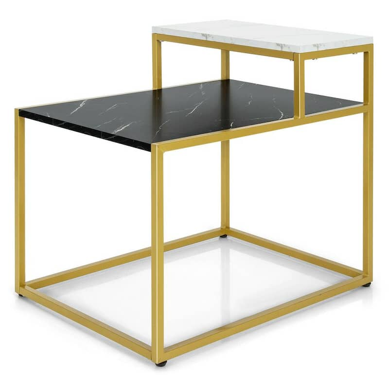 24 in. Gold 22 in. H Rectangle Wood 2-Tier End Table with Metal Frame and Storage Shelf for Living Room