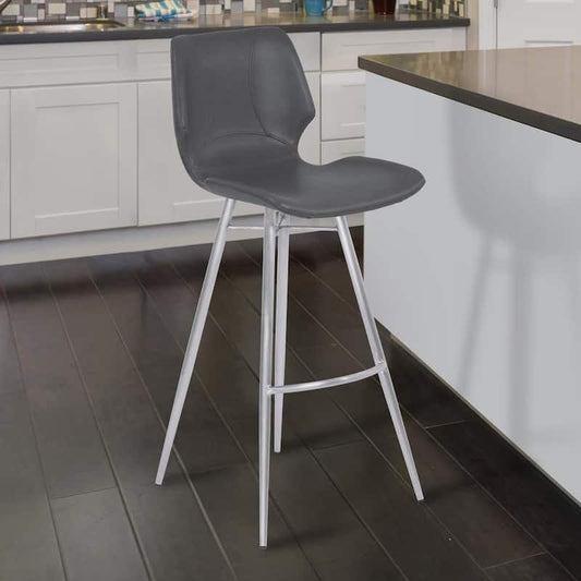 Zurich 26 in. Counter Height Metal Bar Stool in Vintage Gray Faux Leather with Brushed Stainless Steel