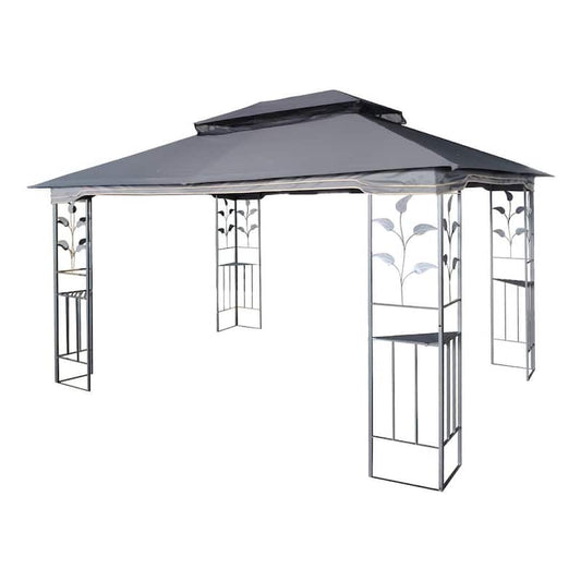 10 ft. x 13 ft. Iron Outdoor Patio Gazebo Canopy Tent with Ventilated Double Roof and Mosquito Net, Gray Top