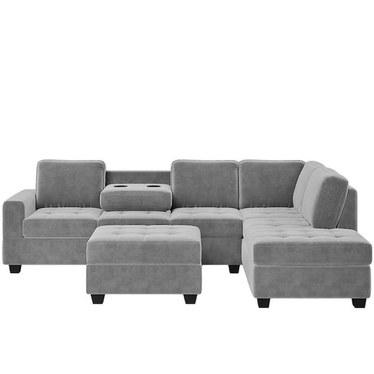 112 in. W Shape Modern Velvet Modular Sofa Solid in Gray with Reversible Lounge Chair Storage Footrest Room Cup Holder