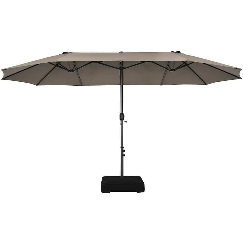 15 ft. Double-Side Steel Crank Extra Large Market Patio Umbrella with Sandbags and Cross Base in Tan