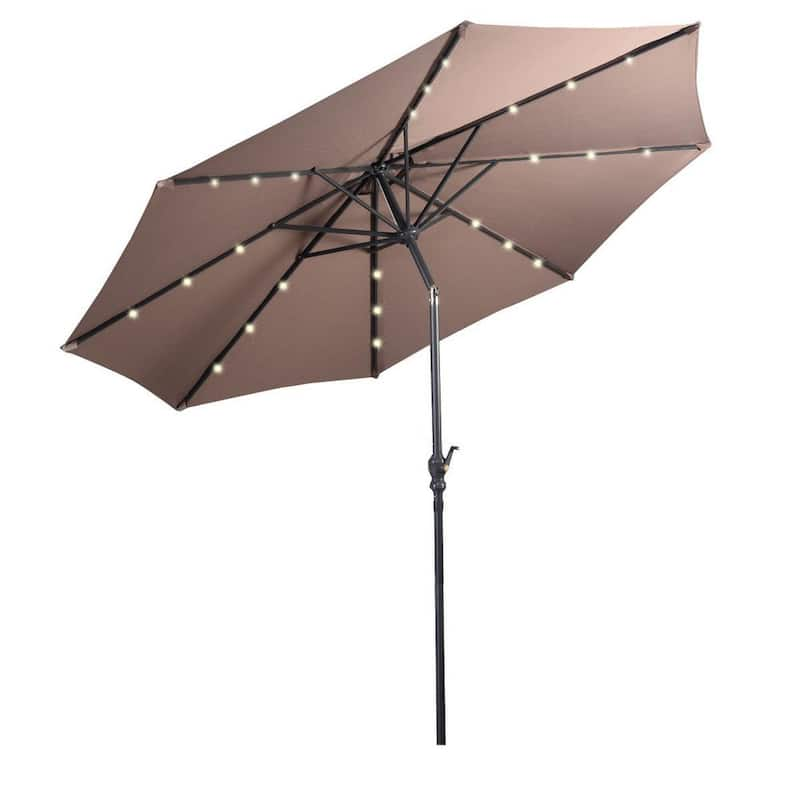 10 ft. Steel Crank Lift Market Solar LED Lighted Tilt Patio Umbrella in Tan