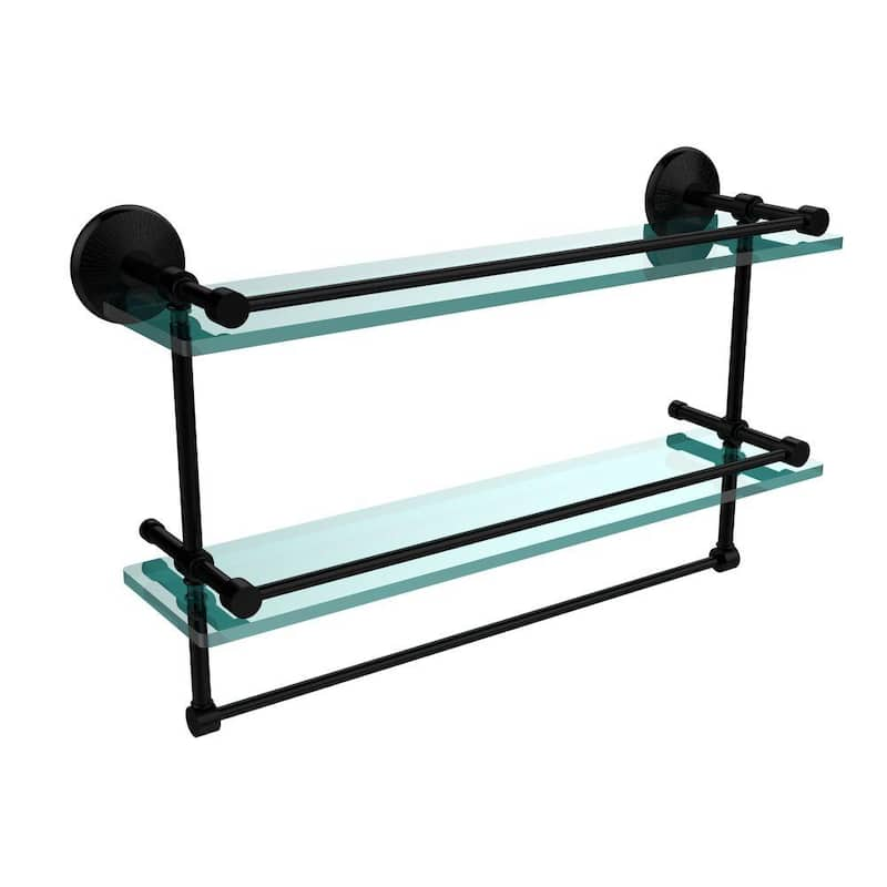 22 in. L x 12 in. H x 5 in. W 2-Tier Clear Glass Bathroom Shelf with Towel Bar in Matte Black