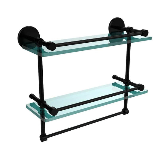 16 in. L x 12 in. H x 5 in. W 2-Tier Gallery Clear Glass Bathroom Shelf with Towel Bar in Matte Black