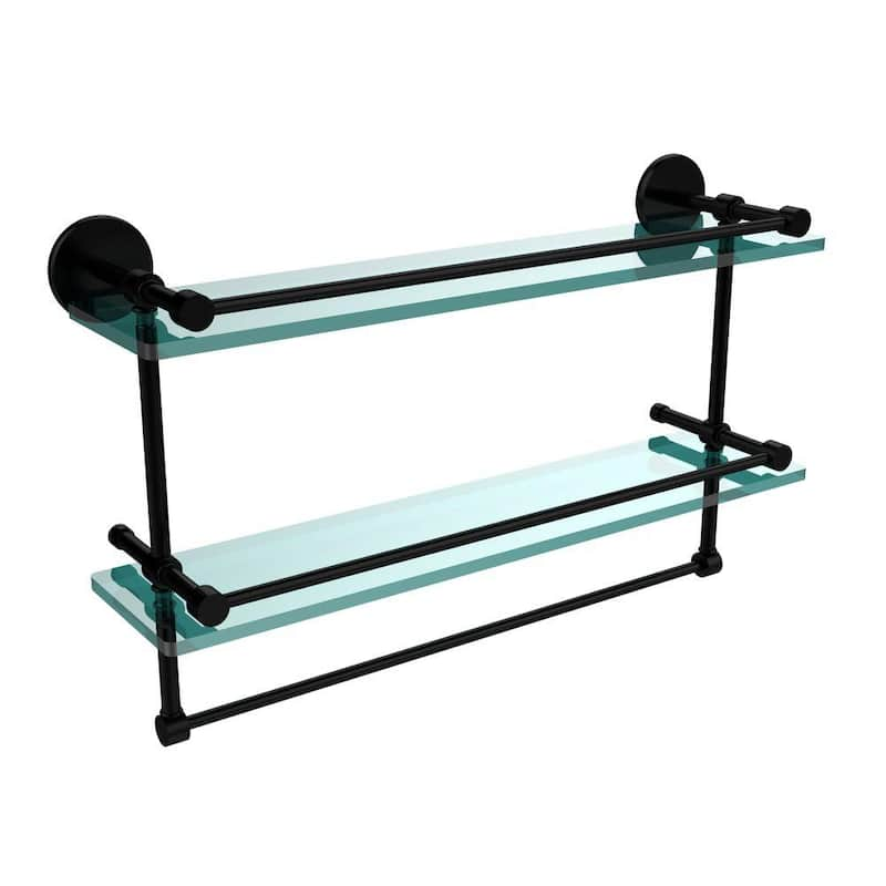 22 in. L x 12 in. H x 5 in. W 2-Tier Clear Glass Bathroom Shelf with Towel Bar in Matte Black