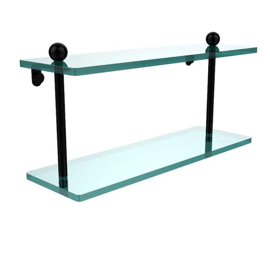 16 in. L x 8 in. H x 5 in. W 2-Tier Clear Glass Bathroom Shelf in Matte Black