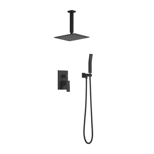 1-Spray Patterns with 10 in. 2.5 GPM Ceiling Mount Dual Shower Heads with Hand Shower Faucet in Black (Valve Included)