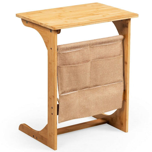 14 in. Natural 24.5 in. C-Shape Bamboo End Table with Storage Bag